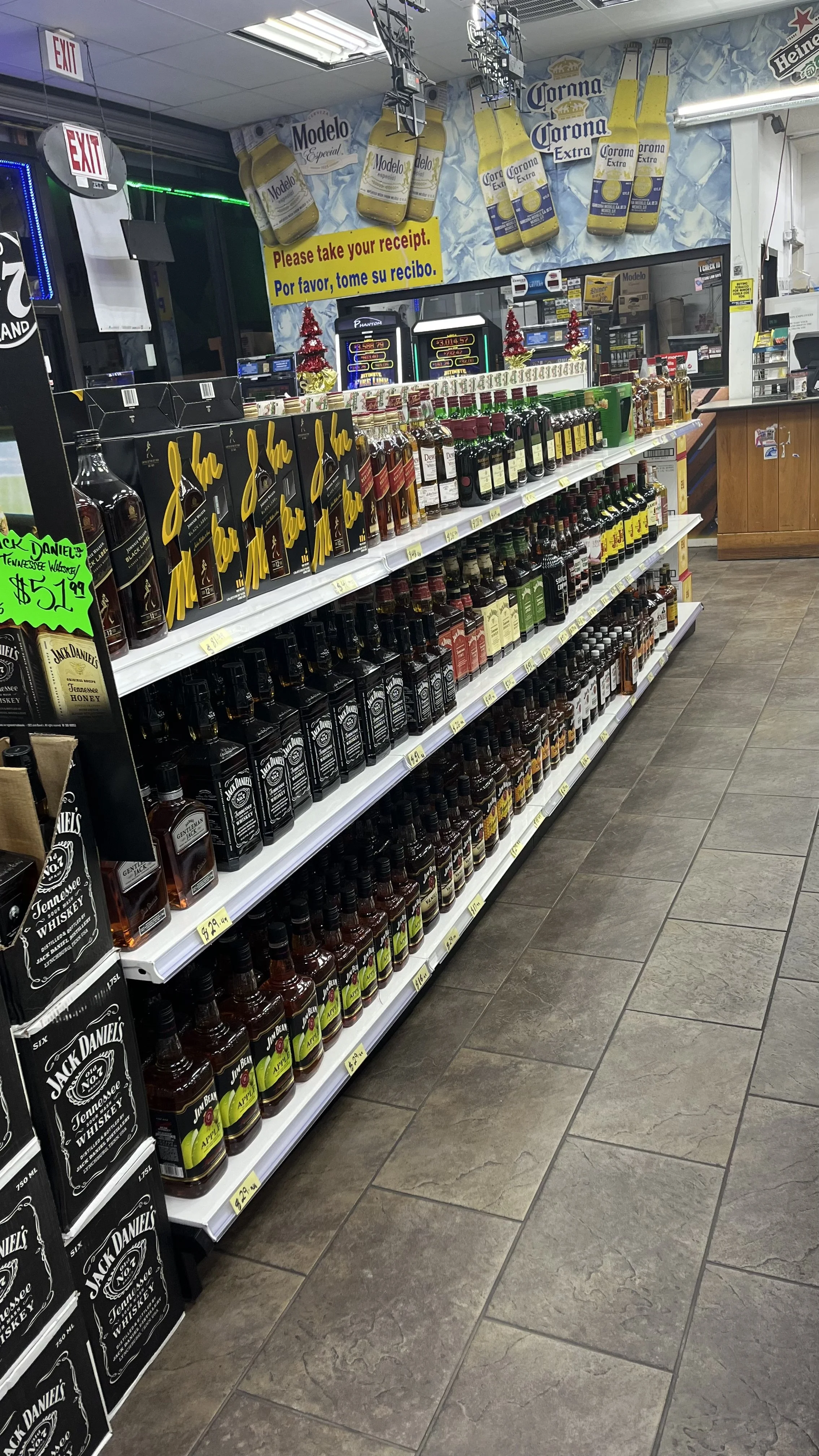 Whiskey and spirits wall packed with Jack Daniel's and more