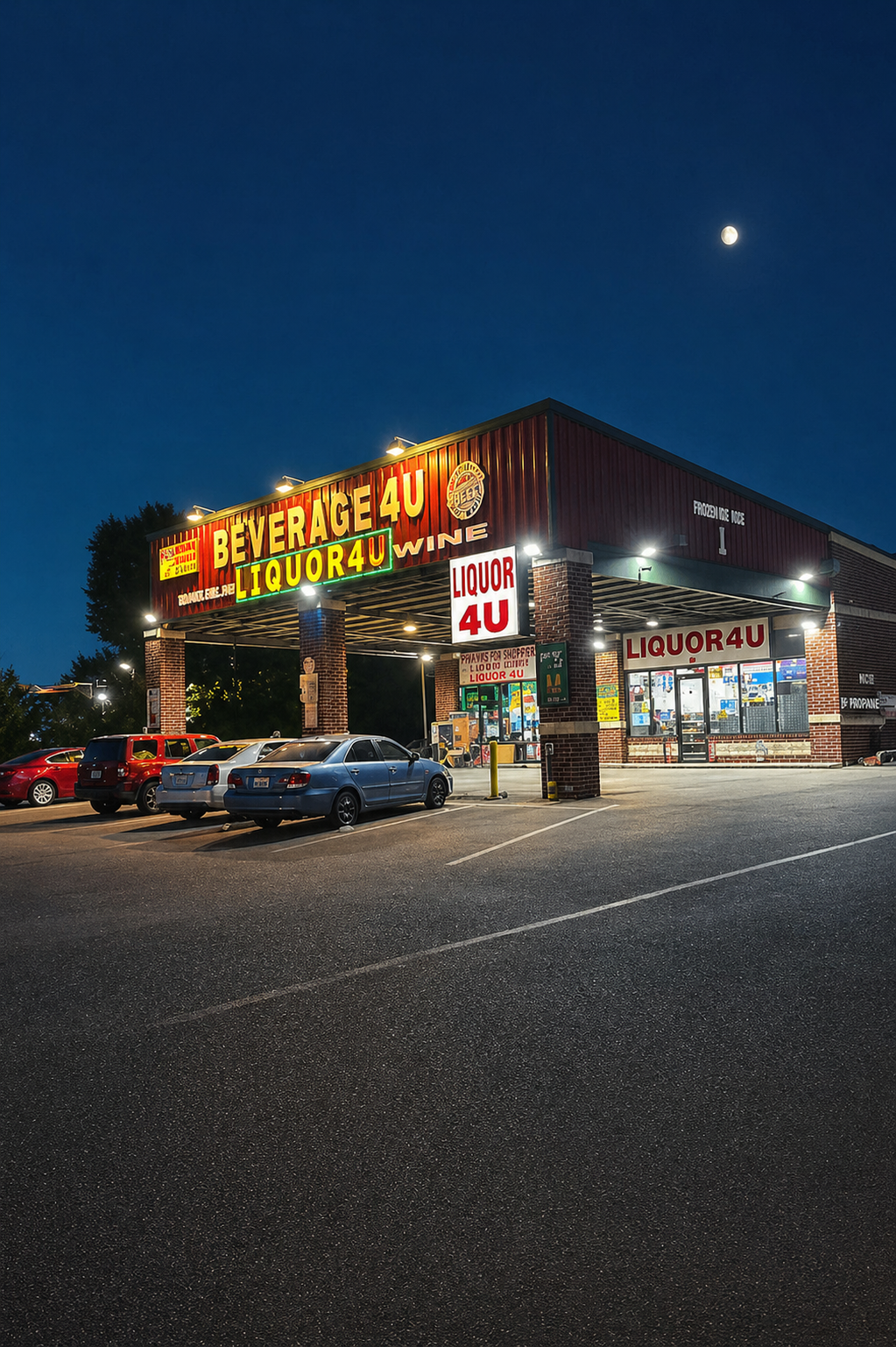 Liquor 4 U storefront at night on Elam Rd, Balch Springs